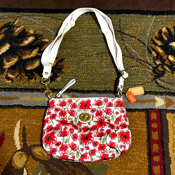 Coach Handbags - Coach Poppy Red Rose Flower Sateen Purse Crossbody Small Bag 10”x7”